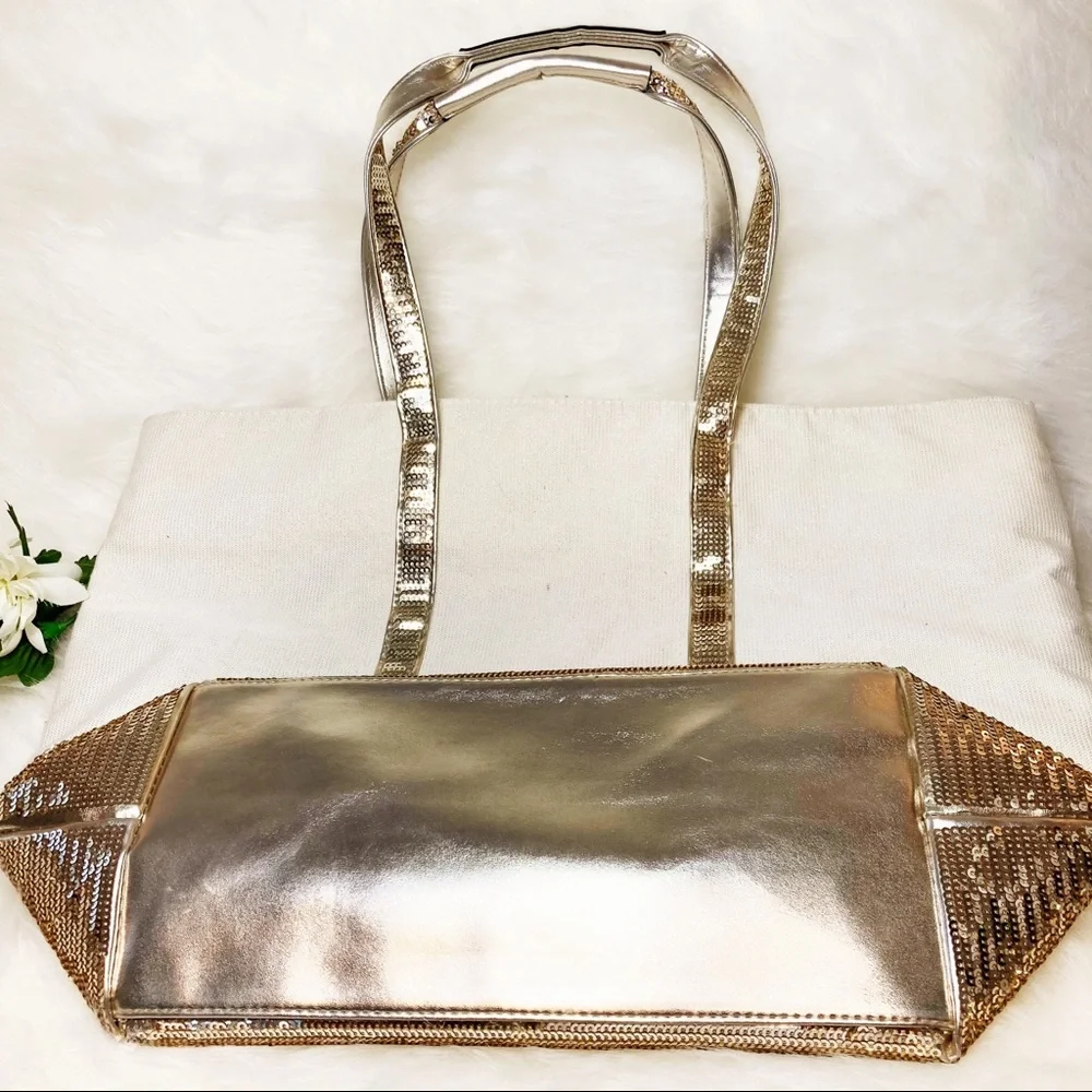 Victoria’s Secret cream Gold Sequin Large Tote NWOT - Picture 4 of 10